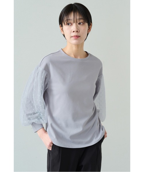 IEDIT(イディット)の「IEDIT 袖チュール重ねのカットソージョーゼットトップス(その他トップス・レディース・ホワイト/グレー・M/L/LL/3L/S)」の6枚目の写真