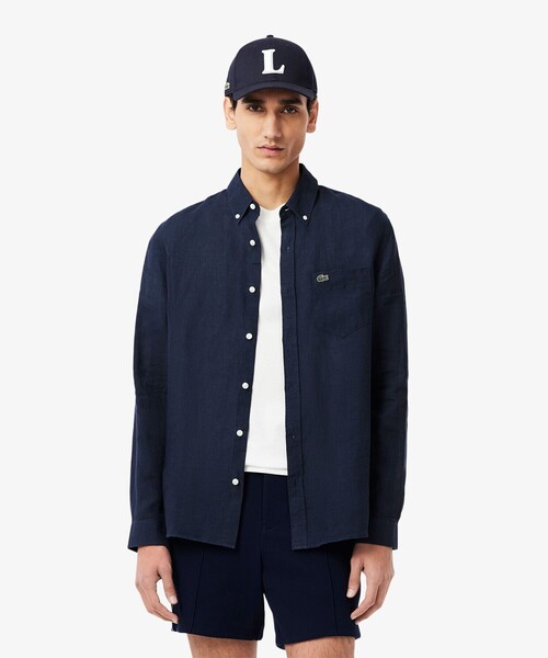 LACOSTE(ラコステ)の「リネンボタンダウン長袖シャツ(シャツ/ブラウス・メンズ・ネイビー/ホワイト/ライトブルー・38/39/40/41)」の1枚目の写真