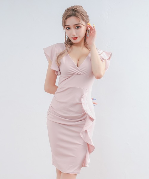 myMinette(マイミネット)の「キャバドレス ミディアム タイト 半袖 カシュクールネック袖フリルデザインワンカラー ミニ プチプラドレス キャバワンピ(ドレス・レディース・ブルー/ブラック/ピンクベージュ/レッド/ワインレッド・LARGE/X-LARGE/MEDIUM/SMALL)」の3枚目の写真