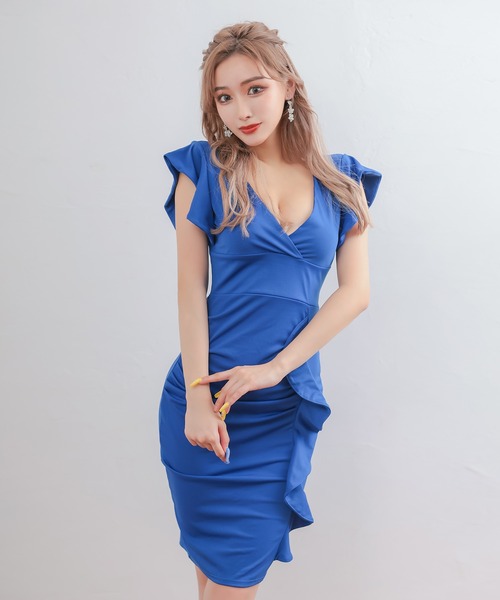 myMinette(マイミネット)の「キャバドレス ミディアム タイト 半袖 カシュクールネック袖フリルデザインワンカラー ミニ プチプラドレス キャバワンピ(ドレス・レディース・ブルー/ブラック/ピンクベージュ/レッド/ワインレッド・LARGE/X-LARGE/MEDIUM/SMALL)」の2枚目の写真