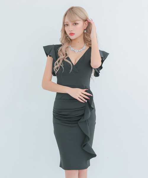 myMinette(マイミネット)の「キャバドレス ミディアム タイト 半袖 カシュクールネック袖フリルデザインワンカラー ミニ プチプラドレス キャバワンピ(ドレス・レディース・ブルー/ブラック/ピンクベージュ/レッド/ワインレッド・LARGE/X-LARGE/MEDIUM/SMALL)」の1枚目の写真