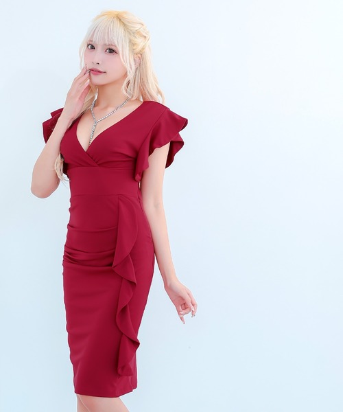myMinette(マイミネット)の「キャバドレス ミディアム タイト 半袖 カシュクールネック袖フリルデザインワンカラー ミニ プチプラドレス キャバワンピ(ドレス・レディース・ブルー/ブラック/ピンクベージュ/レッド/ワインレッド・LARGE/X-LARGE/MEDIUM/SMALL)」の7枚目の写真