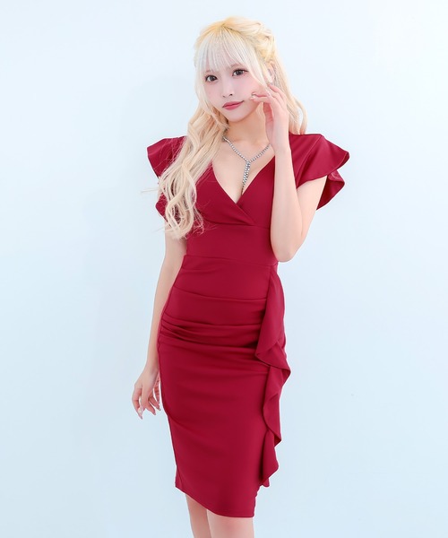myMinette(マイミネット)の「キャバドレス ミディアム タイト 半袖 カシュクールネック袖フリルデザインワンカラー ミニ プチプラドレス キャバワンピ(ドレス・レディース・ブルー/ブラック/ピンクベージュ/レッド/ワインレッド・LARGE/X-LARGE/MEDIUM/SMALL)」の11枚目の写真