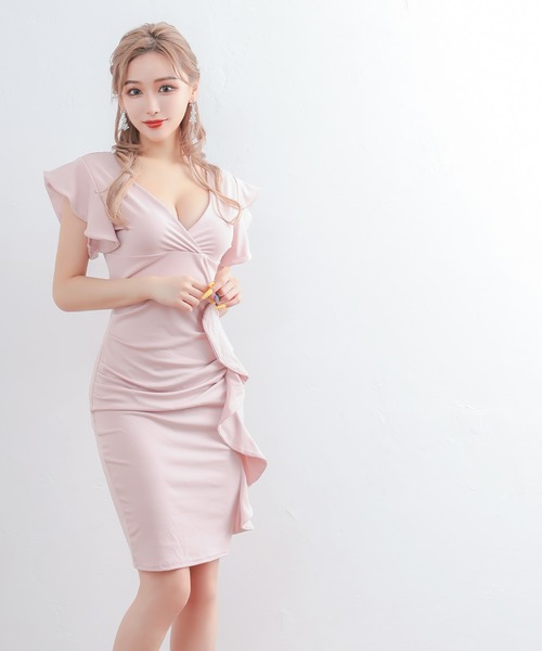 myMinette(マイミネット)の「キャバドレス ミディアム タイト 半袖 カシュクールネック袖フリルデザインワンカラー ミニ プチプラドレス キャバワンピ(ドレス・レディース・ブルー/ブラック/ピンクベージュ/レッド/ワインレッド・LARGE/X-LARGE/MEDIUM/SMALL)」の13枚目の写真