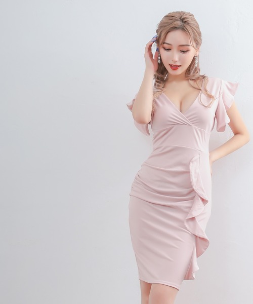 myMinette(マイミネット)の「キャバドレス ミディアム タイト 半袖 カシュクールネック袖フリルデザインワンカラー ミニ プチプラドレス キャバワンピ(ドレス・レディース・ブルー/ブラック/ピンクベージュ/レッド/ワインレッド・LARGE/X-LARGE/MEDIUM/SMALL)」の14枚目の写真