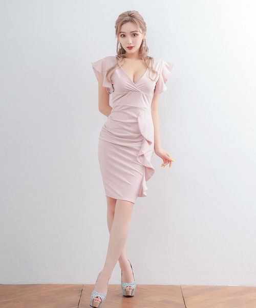 myMinette(マイミネット)の「キャバドレス ミディアム タイト 半袖 カシュクールネック袖フリルデザインワンカラー ミニ プチプラドレス キャバワンピ(ドレス・レディース・ブルー/ブラック/ピンクベージュ/レッド/ワインレッド・LARGE/X-LARGE/MEDIUM/SMALL)」の15枚目の写真
