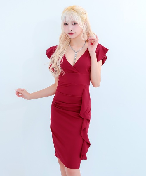 myMinette(マイミネット)の「キャバドレス ミディアム タイト 半袖 カシュクールネック袖フリルデザインワンカラー ミニ プチプラドレス キャバワンピ(ドレス・レディース・ブルー/ブラック/ピンクベージュ/レッド/ワインレッド・LARGE/X-LARGE/MEDIUM/SMALL)」の18枚目の写真