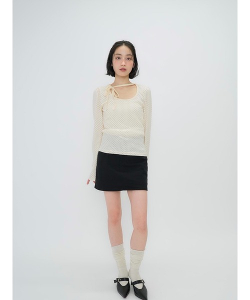 トップス　ホワイト セール】オーバルネック ドット トップス カットソー（Tシャツ