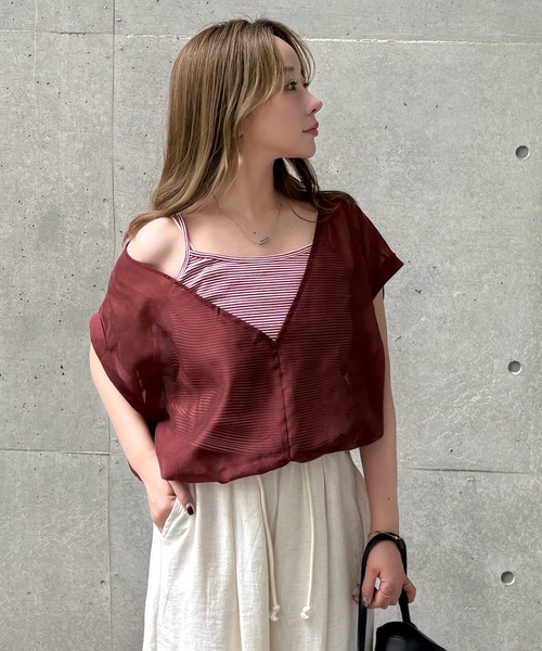 LAULEN（ローレン）の「camisole docking sheer tops /ボーダー キャミソール ドッキング シアーショート トップス（Tシャツ/カットソー・レディース・ブラウン/イエロー/グリーン・FREE）」の2枚目の写真
