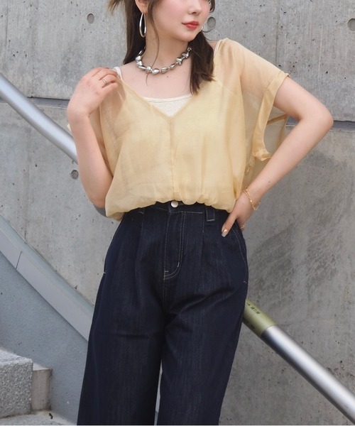 LAULEN（ローレン）の「camisole docking sheer tops /ボーダー キャミソール ドッキング シアーショート トップス（Tシャツ/カットソー・レディース・ブラウン/イエロー/グリーン・FREE）」の3枚目の写真