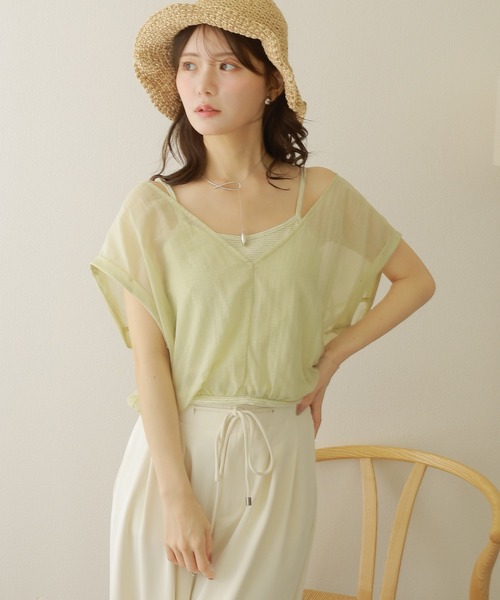 LAULEN（ローレン）の「camisole docking sheer tops /ボーダー キャミソール ドッキング シアーショート トップス（Tシャツ/カットソー・レディース・ブラウン/イエロー/グリーン・FREE）」の18枚目の写真
