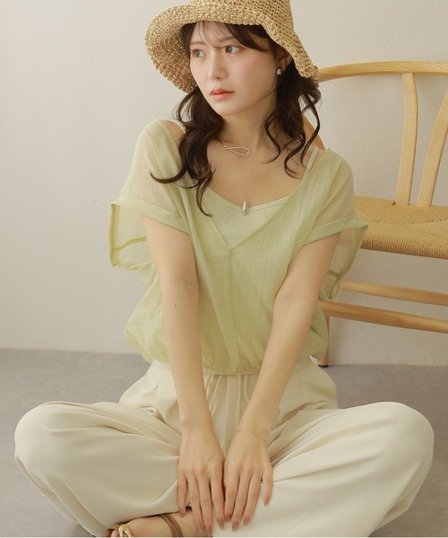 LAULEN（ローレン）の「camisole docking sheer tops /ボーダー キャミソール ドッキング シアーショート トップス（Tシャツ/カットソー・レディース・ブラウン/イエロー/グリーン・FREE）」の16枚目の写真