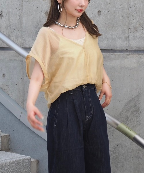 LAULEN（ローレン）の「camisole docking sheer tops /ボーダー キャミソール ドッキング シアーショート トップス（Tシャツ/カットソー・レディース・ブラウン/イエロー/グリーン・FREE）」の9枚目の写真