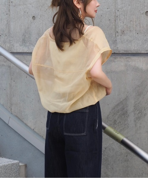LAULEN（ローレン）の「camisole docking sheer tops /ボーダー キャミソール ドッキング シアーショート トップス（Tシャツ/カットソー・レディース・ブラウン/イエロー/グリーン・FREE）」の8枚目の写真