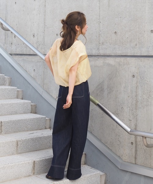 LAULEN（ローレン）の「camisole docking sheer tops /ボーダー キャミソール ドッキング シアーショート トップス（Tシャツ/カットソー・レディース・ブラウン/イエロー/グリーン・FREE）」の7枚目の写真