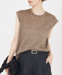 qualite | 【上品なシアー】ラメクルーネックニット/ノースリーブニット/シアー/夏服/オフィスカジュアル/ノースリーブトップス(タンクトップ)