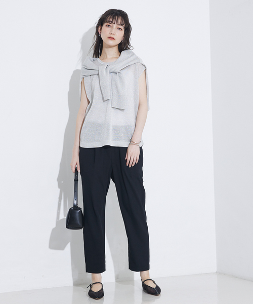 qualite（カリテ）の「【上品なシアー】ラメクルーネックニット/ノースリーブニット/シアー/夏服/オフィスカジュアル/ノースリーブトップス（タンクトップ・レディース・ブラック/シルバー/ゴールド/ブラウン・フリー）」の5枚目の写真