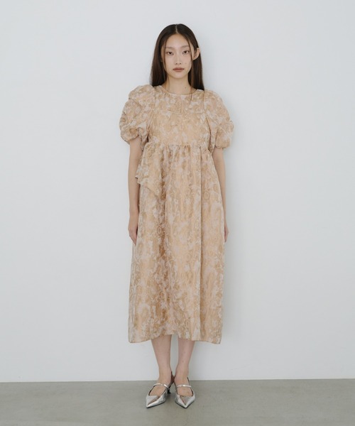 asuk　ANDRESD バブルスリーブギャザードドレス バブルスリーブジャガードドレス / bubble sleeve jacquard