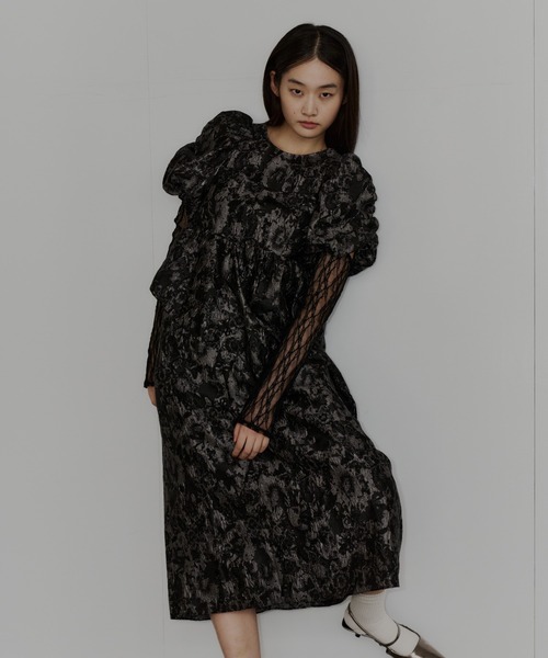 asuk　ANDRESD バブルスリーブギャザードドレス バブルスリーブジャガードドレス / bubble sleeve jacquard