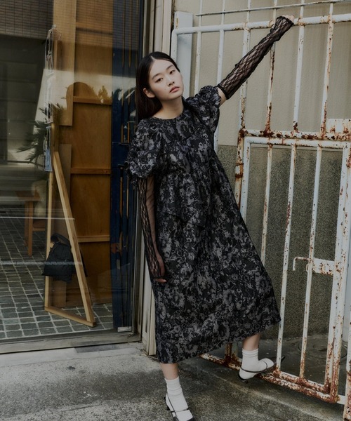 バブルスリーブジャガードドレス / bubble sleeve jacquard dress
