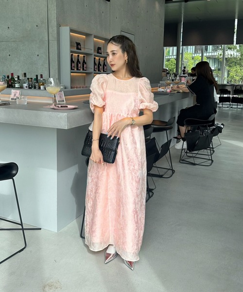 バブルスリーブジャガードドレス ワンピース セール】バブルスリーブジャガードドレス / bubble sleeve jacquard