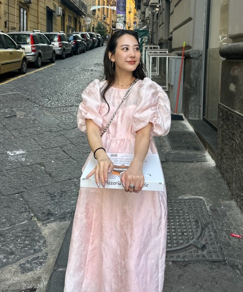 【ANDRESD】バブルスリーブジャガードドレス　ピンク　M tall バブルスリーブジャガードドレス / bubble sleeve jacquard