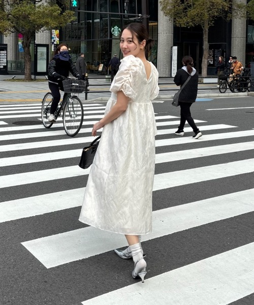バブルスリーブジャガードドレス　アンドレスド バブルスリーブジャガードドレス / bubble sleeve jacquard dress