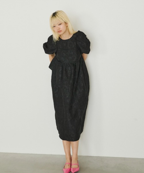 セール】バブルスリーブジャガードドレス / bubble sleeve jacquard