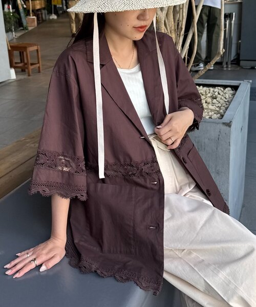 CIAOPANIC TYPY(チャオパニックティピー)の「切替レースオーバー5分袖ジャケット(シャツ/ブラウス・レディース・カーキ/ブラック/ホワイト/ブラウン・SMALL/MEDIUM)」の5枚目の写真