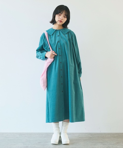 【8/8まで出品】 bulle de savon 角衿ギャザーワンピース 21Wシャツコール 角衿ギャザーワンピース（ワンピース）｜bulle