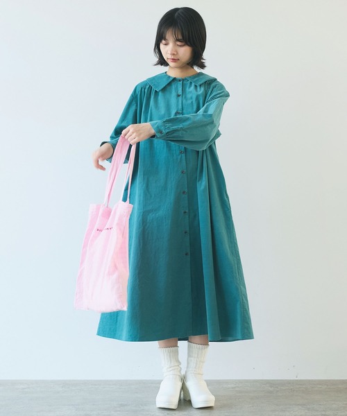 bulle de savon（ビュルデサボン）の「21Wシャツコール 角衿ギャザーワンピース（ワンピース・レディース・ブルー/チャコールグレー/キナリ・FREE）」の4枚目の写真