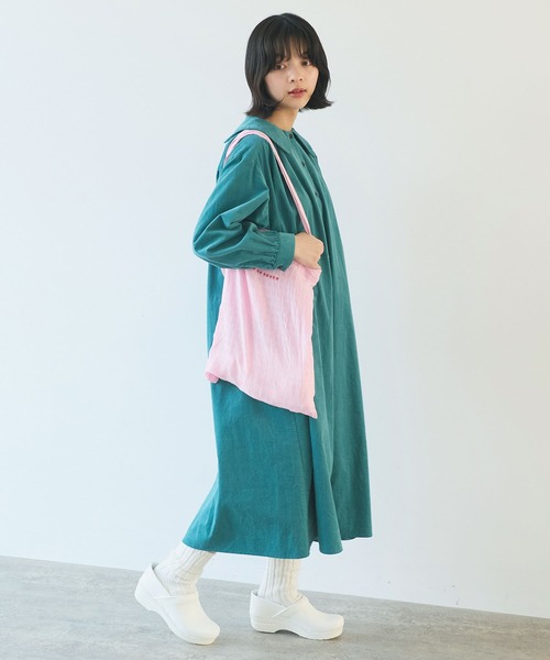【8/8まで出品】 bulle de savon 角衿ギャザーワンピース 21Wシャツコール 角衿ギャザーワンピース（ワンピース）｜bulle