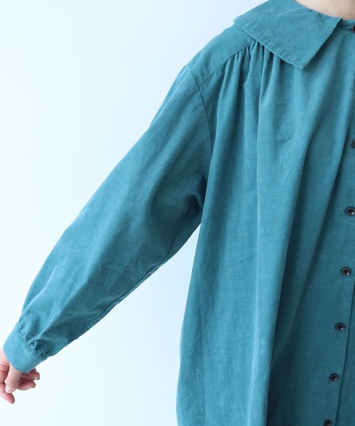 【8/8まで出品】 bulle de savon 角衿ギャザーワンピース 21Wシャツコール 角衿ギャザーワンピース（ワンピース）｜bulle