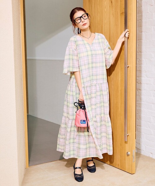 セール】【スザンヌさんコラボ】Suuチェックフレアスリーブワンピース