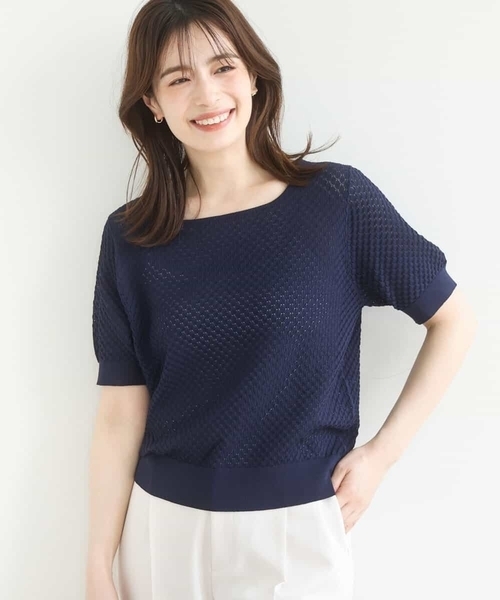 OFUON le MK(オフオンルエムケー)の「レーシー編み半袖ニット/洗える/WEB限定サイズあり(ニット/セーター・レディース・ネイビー/イエロー/ブルー/ホワイト・38/36)」の3枚目の写真