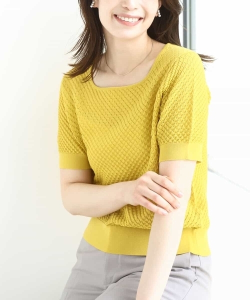 OFUON le MK(オフオンルエムケー)の「レーシー編み半袖ニット/洗える/WEB限定サイズあり(ニット/セーター・レディース・ネイビー/イエロー/ブルー/ホワイト・38/36)」の1枚目の写真