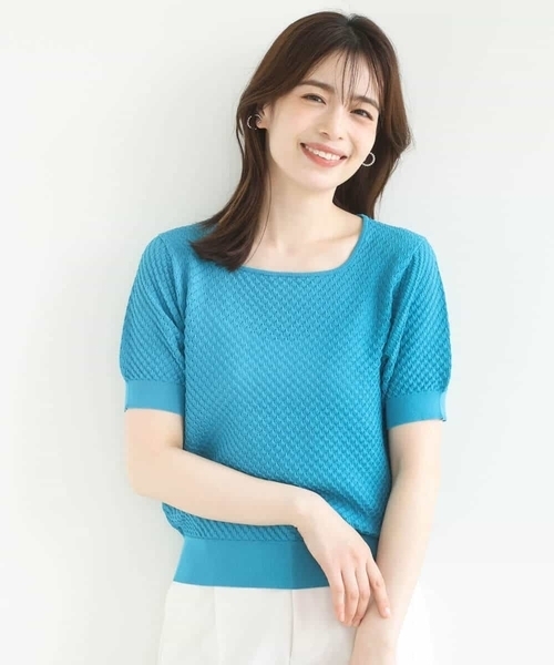 OFUON le MK(オフオンルエムケー)の「レーシー編み半袖ニット/洗える/WEB限定サイズあり(ニット/セーター・レディース・ネイビー/イエロー/ブルー/ホワイト・38/36)」の5枚目の写真