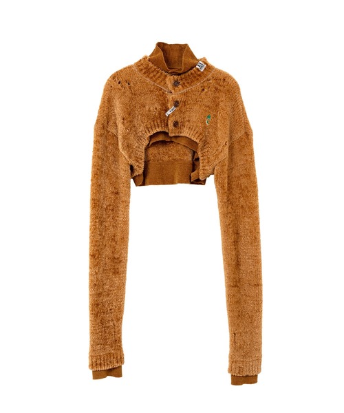 Maison MIHARA YASUHIRO(メゾンミハラヤスヒロ)の「Layered Cropped Knit Cardigan(カーディガン/ボレロ・レディース・キャメル/ブラック・38)」の2枚目の写真