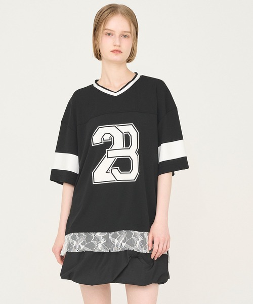 Nora Lily elle(ノラリリーエル)の「【Nora Lily】「elle」Hug Number 23 Mesh Tule Layer Tee(Tシャツ/カットソー・レディース・スカイブルー/ブラック/ピンク・FREE)」の1枚目の写真