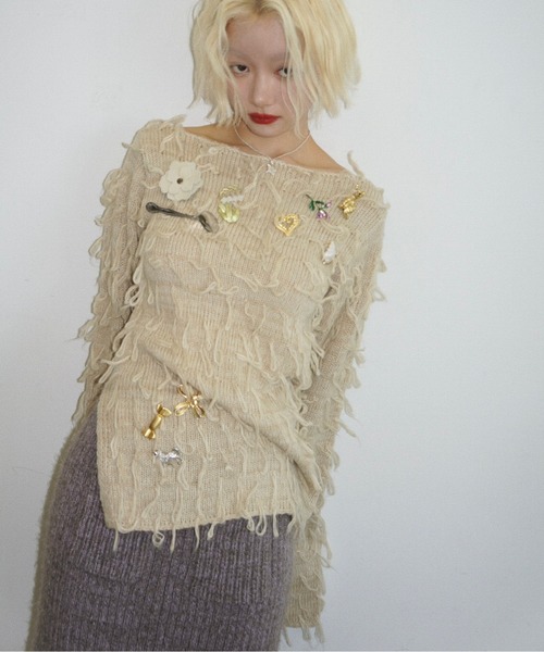 musubore(ムスボレ)の「fringe shaggy knit / フリンジシャギーニット(ニット/セーター・レディース・グレー/パープル/クリーム・FREE)」の4枚目の写真