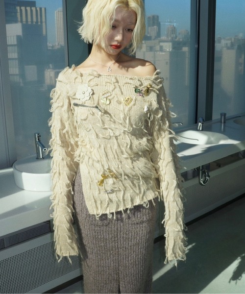 musubore(ムスボレ)の「fringe shaggy knit / フリンジシャギーニット(ニット/セーター・レディース・グレー/パープル/クリーム・FREE)」の14枚目の写真