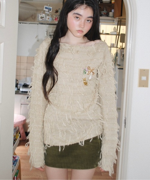 musubore(ムスボレ)の「fringe shaggy knit / フリンジシャギーニット(ニット/セーター・レディース・グレー/パープル/クリーム・FREE)」の6枚目の写真