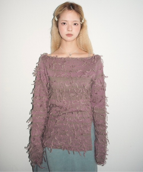musubore(ムスボレ)の「fringe shaggy knit / フリンジシャギーニット(ニット/セーター・レディース・グレー/パープル/クリーム・FREE)」の15枚目の写真