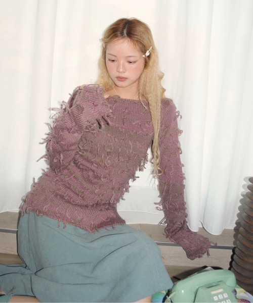 musubore(ムスボレ)の「fringe shaggy knit / フリンジシャギーニット(ニット/セーター・レディース・グレー/パープル/クリーム・FREE)」の18枚目の写真