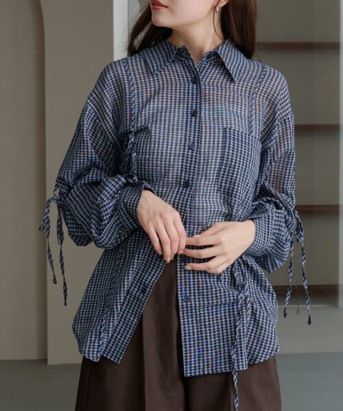 Kastane（カスタネ）の「【新色追加/S.Mサイズ展開】チェックギャザーシャツ（シャツ/ブラウス・レディース・ブルー/ブラック/ブラウン/ネイビー/ブラック系その他・SMALL/MEDIUM）」の4枚目の写真