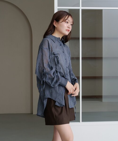 セール】【新色追加/S.Mサイズ展開】チェックギャザーシャツ（シャツ
