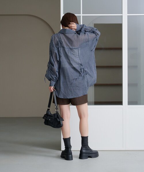 セール】【新色追加/S.Mサイズ展開】チェックギャザーシャツ（シャツ