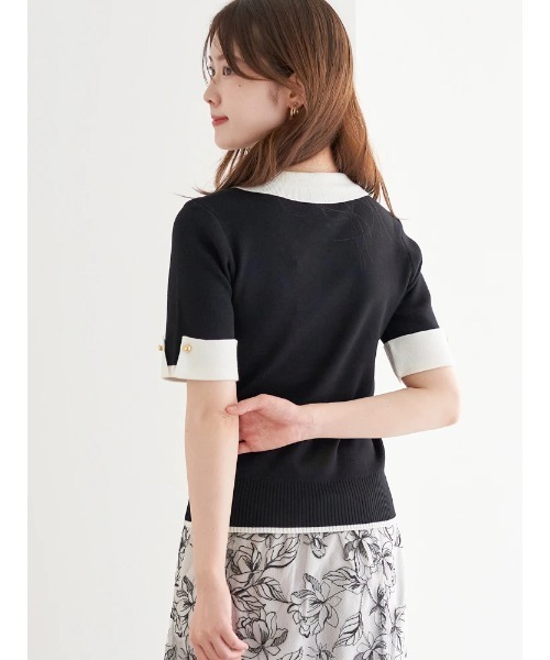 セール】配色襟付き半袖ニットトップス（Tシャツ/カットソー