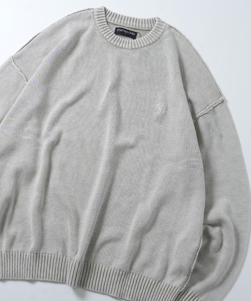 PARKING GINZA×FRAGMENT クルーネックコットンニット-L ヴィンテージライク ピグメント加工 ワンポイント刺繍 プル