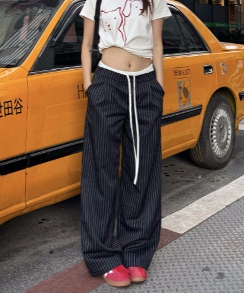 セール】ハイウエストストライプワイドレッグパンツ（スラックス
